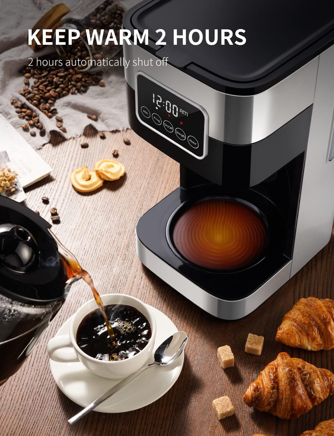 10-Cup Programmable Coffee Maker, Regular & Strong Brew Drip Coffee Machine for Home and Office, Auto Shut Off, Permanent Filter, Silver