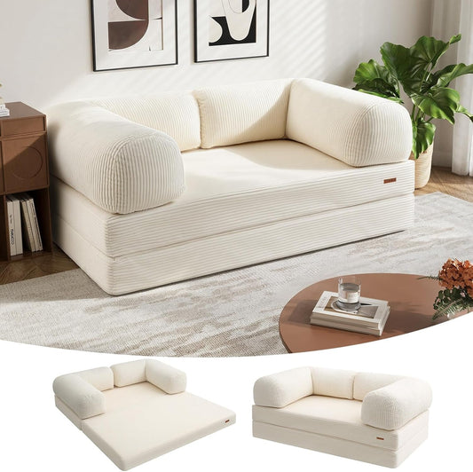 4‑In‑1 Futon Sofa Bed Queen – Floor Foldable Convertible Sofa Couch with L‑Shaped Armrests, Removable Cover, Convertible Guest Bed | Space‑Saving Fold‑Out Mattress Lounge for Living Room, Beige