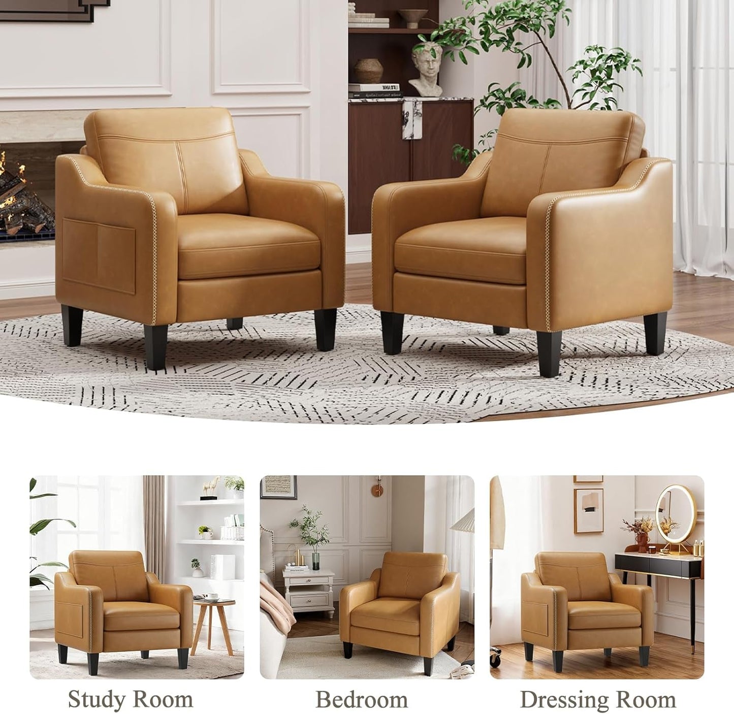 PU Leather Accent Chair, Mid-Century Modern Living Room Armchair Sofa with Removable Cushions, Solid Wood Frame & Stitched Armrest Design, Bedroom Chair with Plastic Legs, Brown