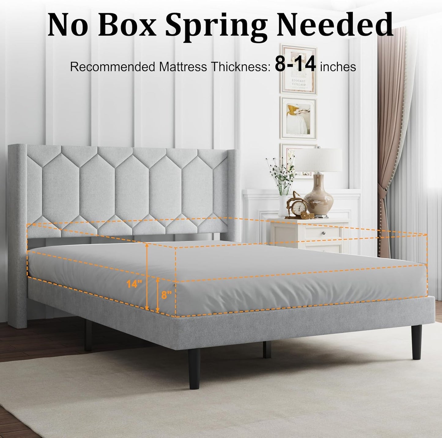 Full Size Bed Frame with Headboard, Linen Upholstered Platform Bed Frame No Box Spring Needed, Full Sized Modern Bedframe with Strong Wooden Slats, Light Gray