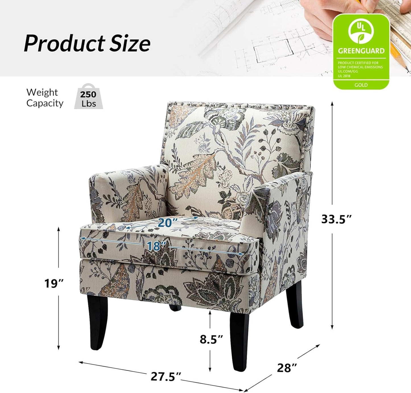 Modern Accent Chair with Arms and Wooden Legs, Floral Patterned Accent Chair Armchair High Back Rest, Padded Armrest and Comfortable Cushioned Seat for Living Room (Orange Grey Floral)