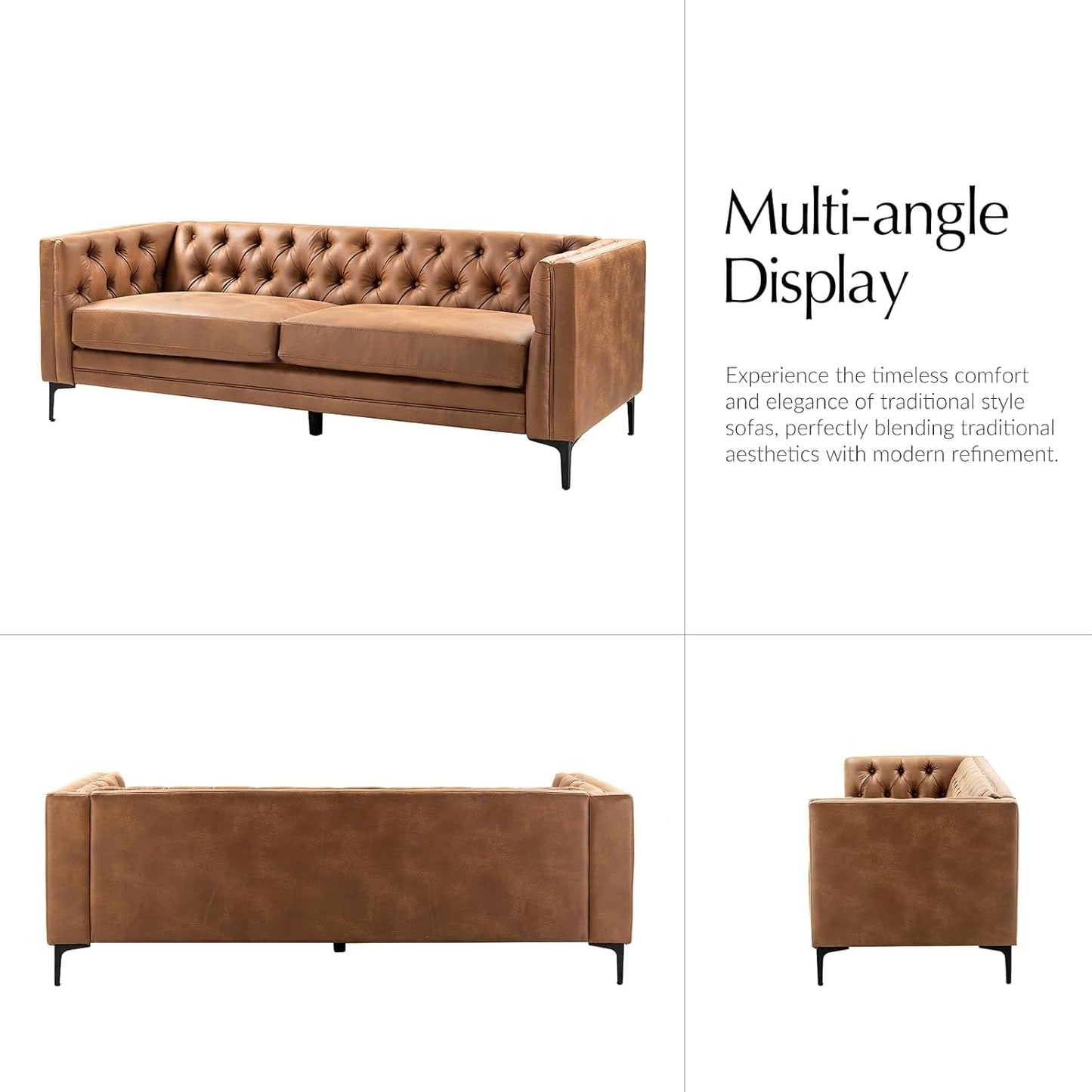 84" W Faux Leather Sofa Couch with Metal Legs, Button-Tufted 3-Seater Sofa, Mid Century Modern Upholstered Couch for Living Room, Entertainment Area, Apartment,Camel