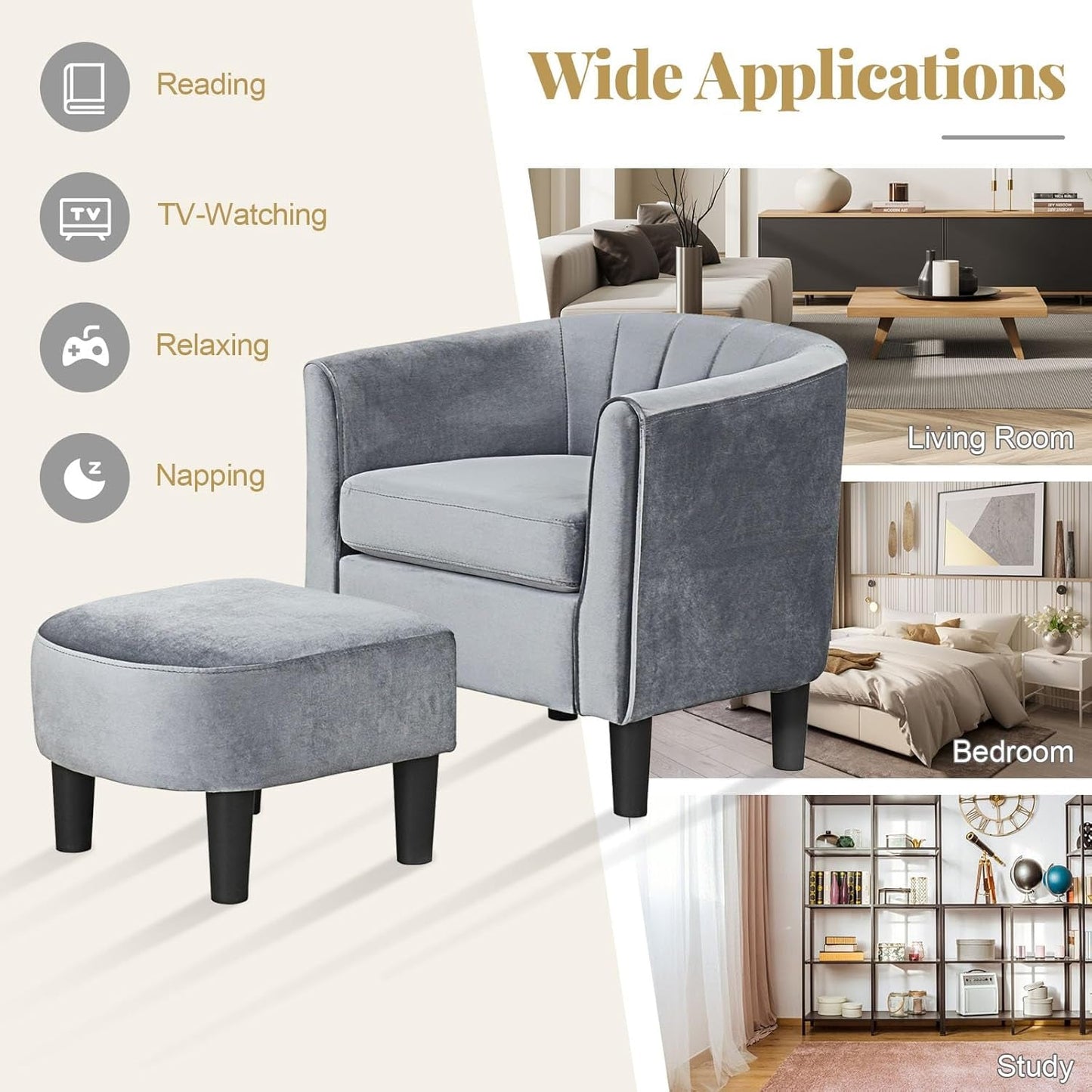 Accent Chair with Ottoman, Upholstered Velvet Club Barrel Reading Chair with Footrest Modern Comfy round Barrel Chairs for Bedroom, Living Room, Small Reading Spaces (1, Grey)
