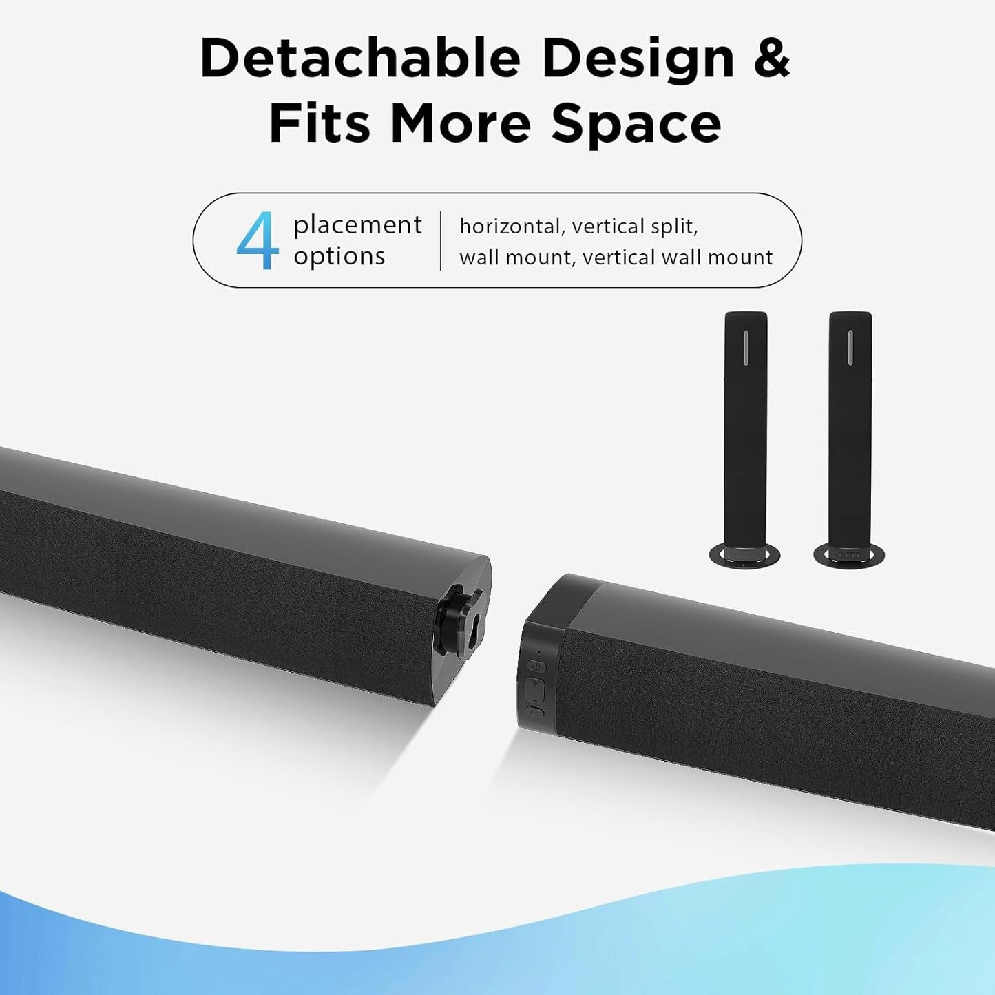 Sound Bar for Smart TV,90W Soundbar with Bluetooth/Arc/Optical/Aux Connect, Auto Volume Boost, 3 Customizable Equalizer Modes, 2 in 1 Detachable Soundbar for Tv/Pc/Gaming/Projectors