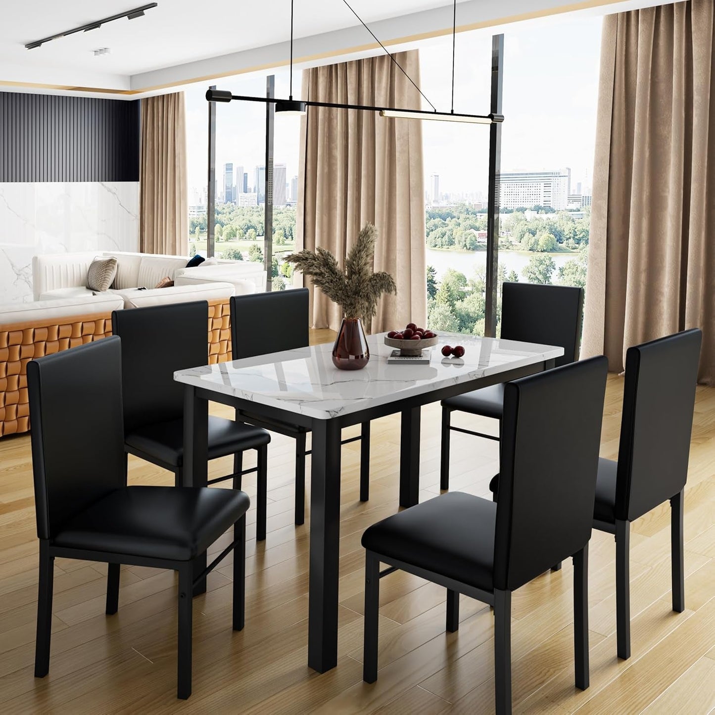 Dining Table Set for 6, 7-Piece Kitchen Dining Room Set with Faux Marble Top & Sturdy Metal Frame, Space Saving Dinner Table with 6 Chairs for Small Spaces, Dining Room, White & Black