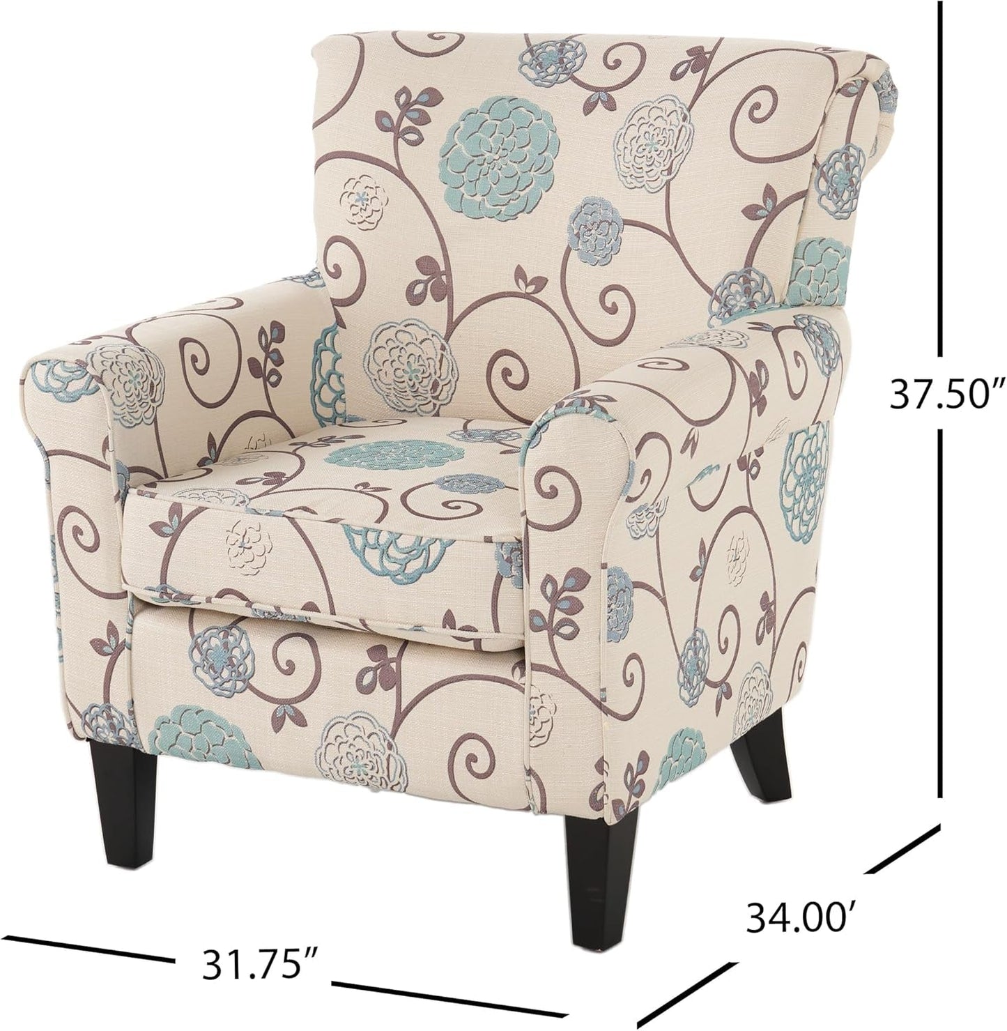 Isla Blue Floral Club Chair with Rolled Arms, Upholstered Accent Chair with Tapered Birch Wood Legs and Tonal Piping for Living Room, Bedroom, Beige+Blue