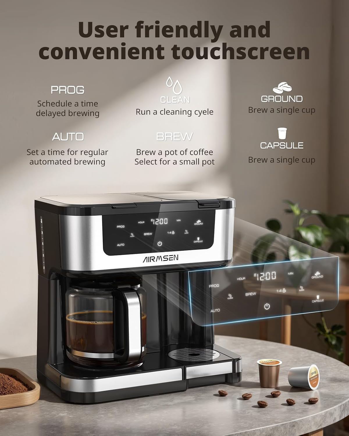 12-Cup Programmable Dual Coffee Maker – Single Serve Machine for K-Cup Pods & Ground, 1000W Fast Brew, Delay Start, 2H Keep Warm, Touchscreen, 60Oz Tank, Glass Carafe – Home & Office