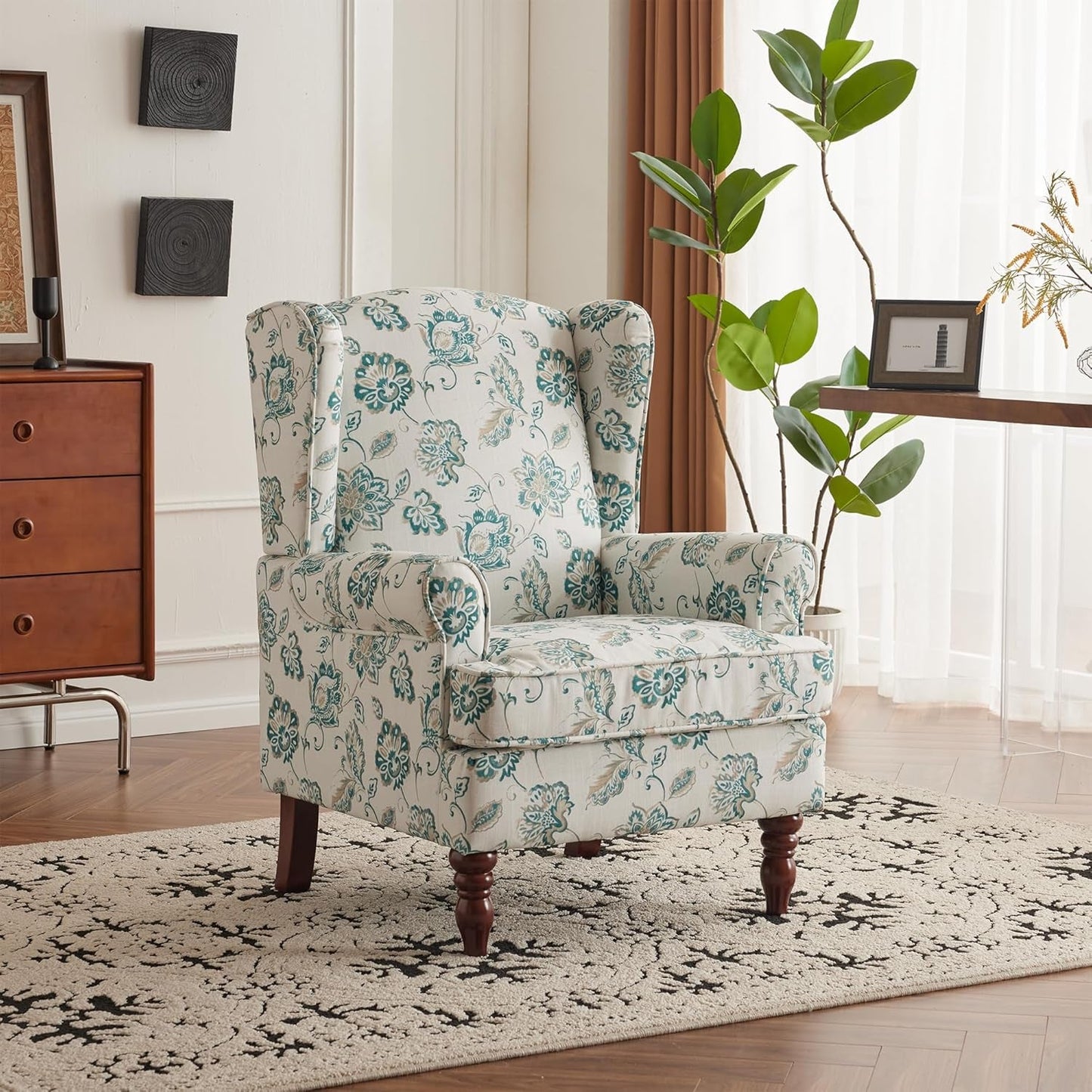 Floral Accent Chair, High Back Upholstered Armchair with Solid Legs, Leisure Single Sofa Chair for Living Room, Bedroom, Home Office, Light Cyan Floral