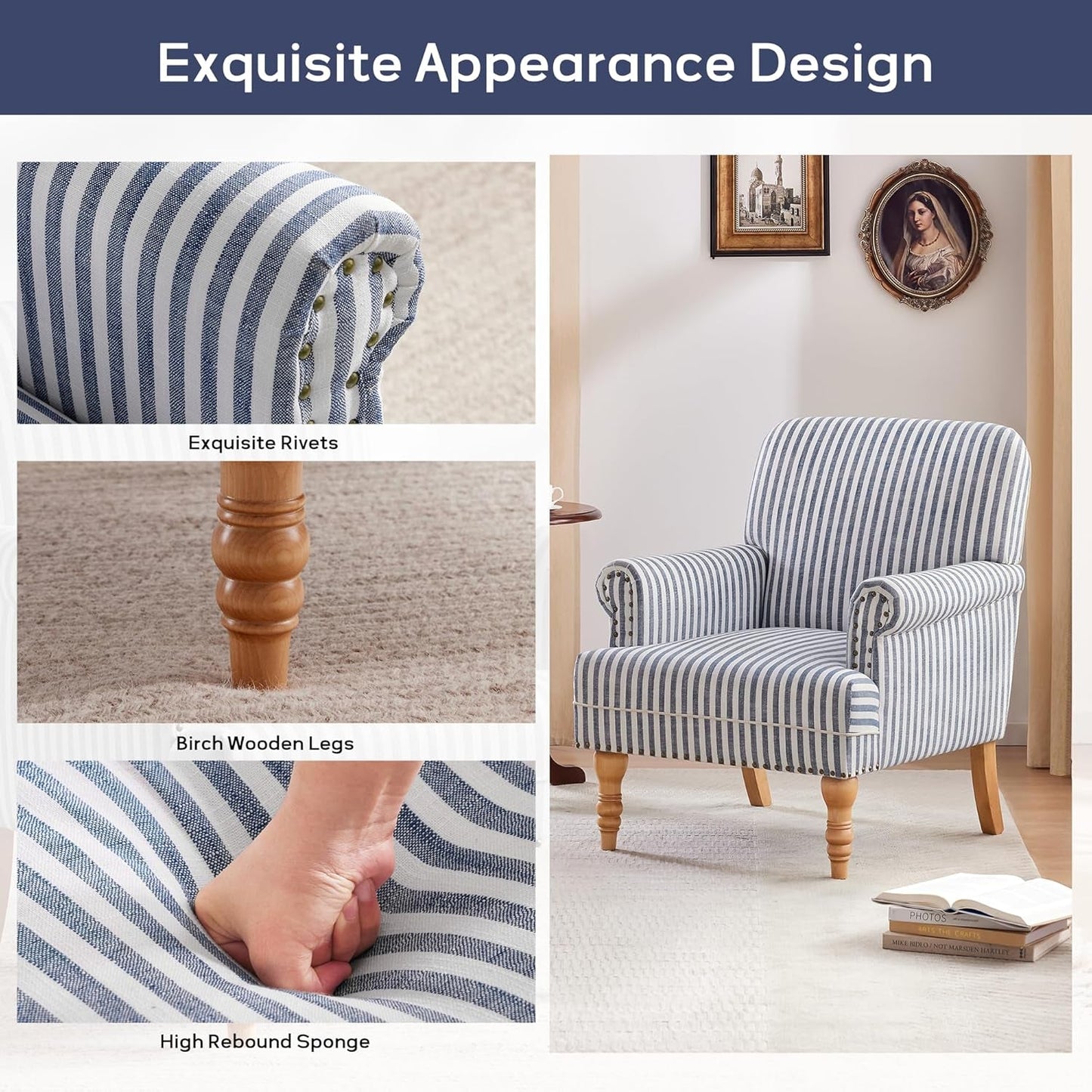 Linen Fabric Accent Chair, Mid-Century Modern Armchair with Solid Wood Legs, Single Sofa Chair,Upholstered Reading Club Chair (1, Dark Blue and White Stripe)