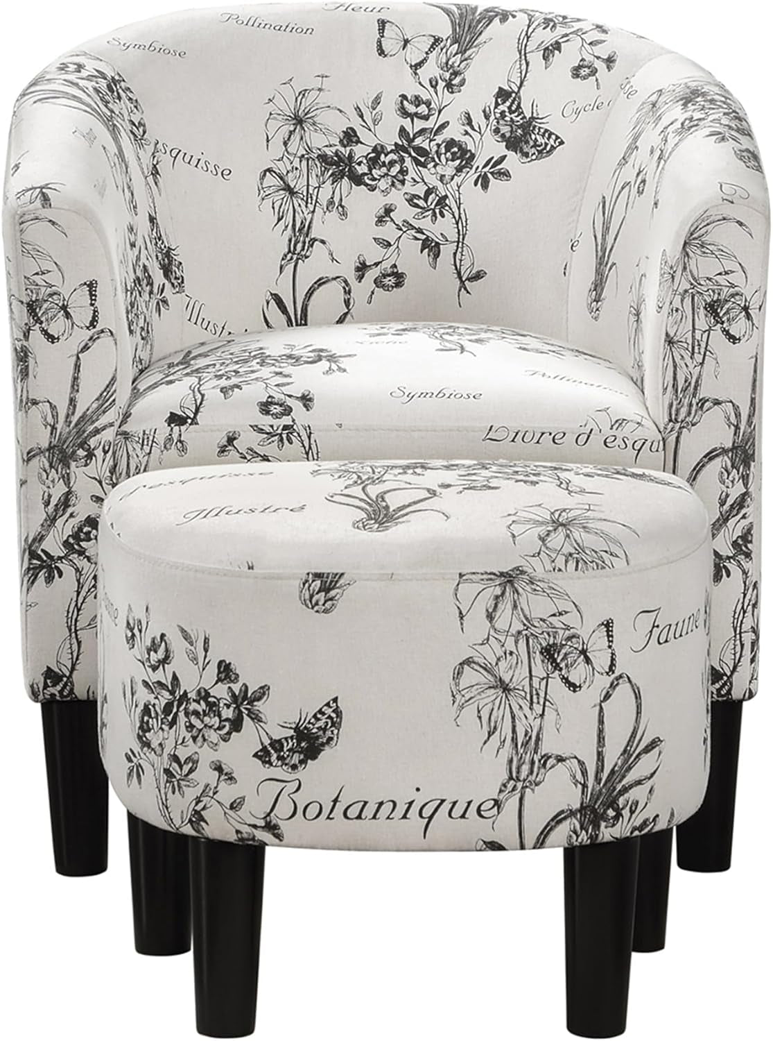 Take a Seat Churchill Accent Chair with Ottoman Set 26.25" - Modern Classic Mid-Back Barrel Accent Chair with U-Shaped Ottoman, for Living Room, Bedroom, Office, Botanical Print