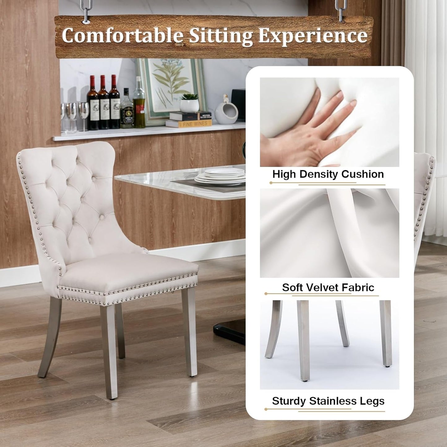 78.7" Farmhouse Extendable Dining Room Table Set for 8, 9-Piece Rectangle Kitchen Dining Room Table Set with Wood Base and 8 Beige Velvet Dining Chairs, Extending Kitchen & Dining Table Set