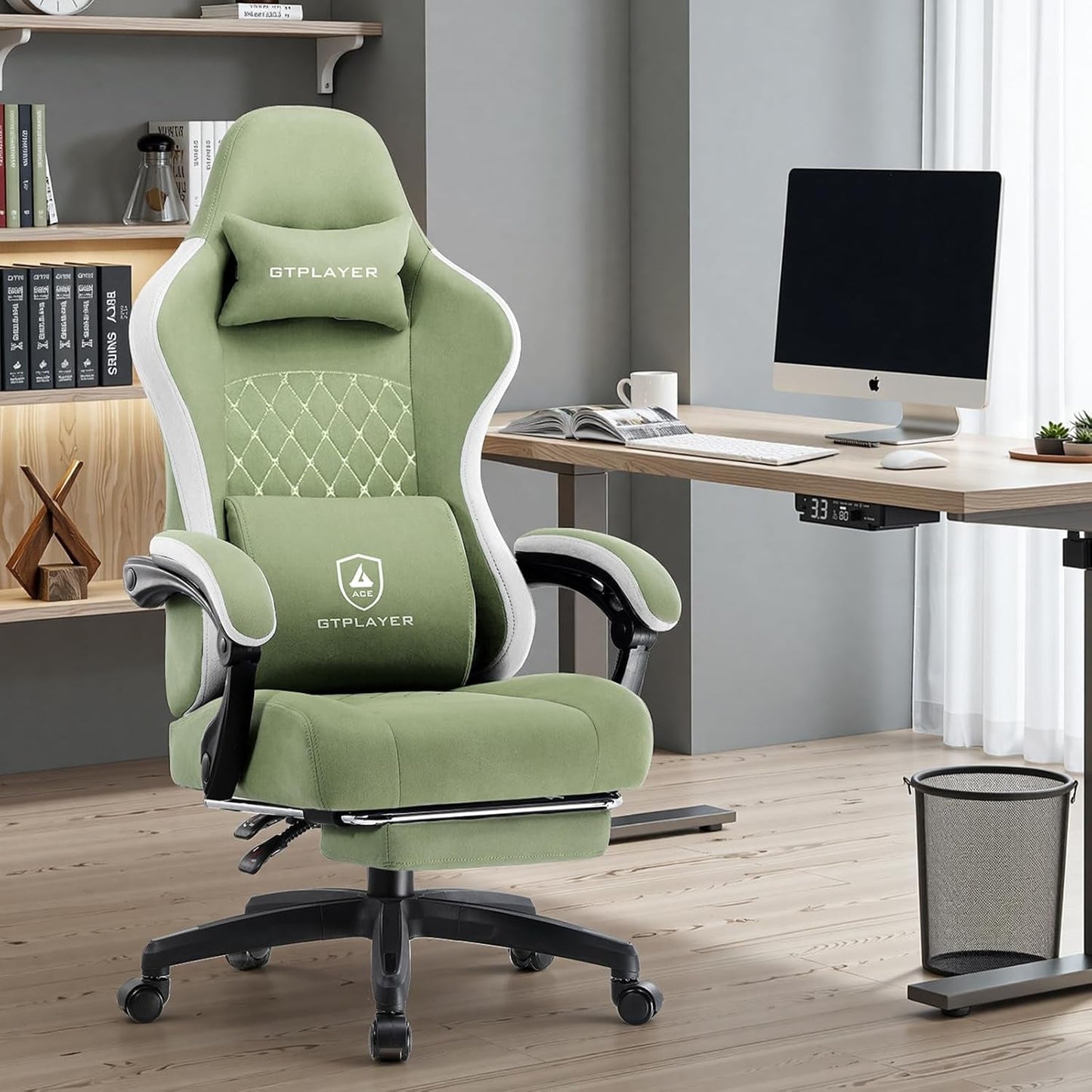 Office Chair, Gaming Computer Desk Fabric Chair with Footrest, High Back Ergonomic Office Chair with Pocket Spring Lumbar Support and Linkage Armrests Adjustable Height Swivel for Home Task