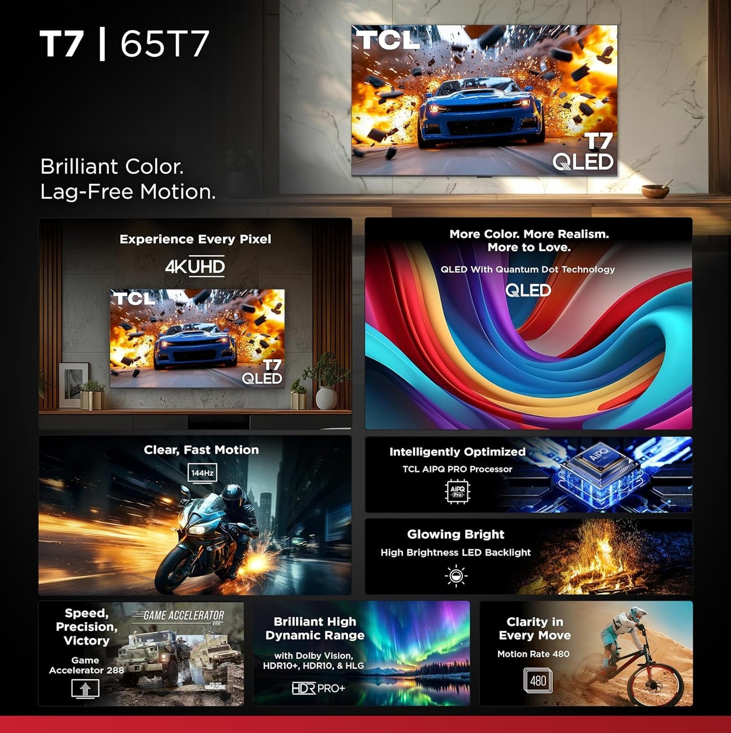 65 Inch Class T7 Series | 4K QLED HDR | 65T7, 2025 Model | 120HZ-144HZ High Brightness Smart Google TV Dolby Atmos Audio | Voice Remote Alexa Gaming Streaming Television