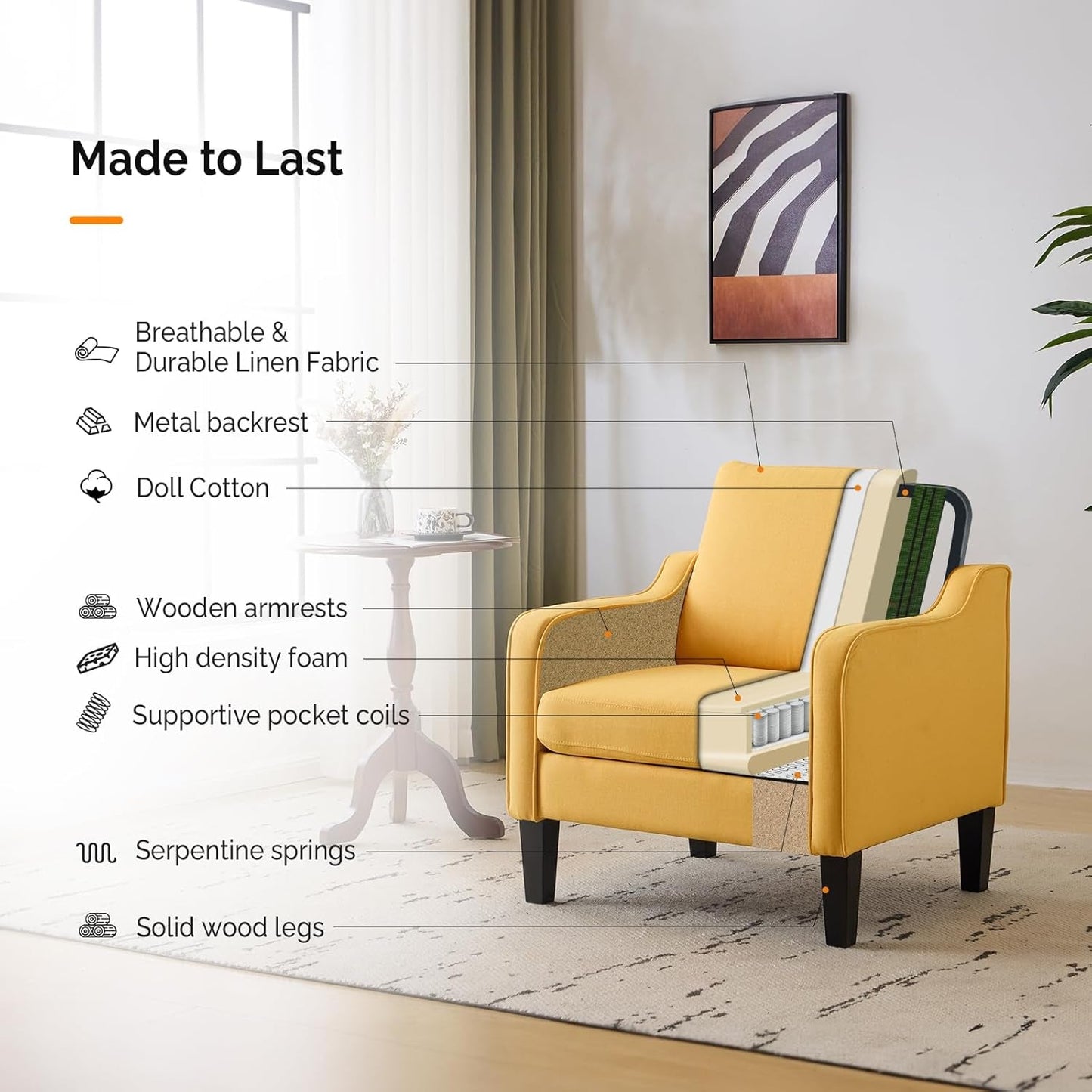 Accent Chairs Set of 2 Yellow Upholstered Linen Accent Chair for Living Room, Bedroom, Mid-Century Modern Arm Chair Comfy Reading Chair with Scooped Arms