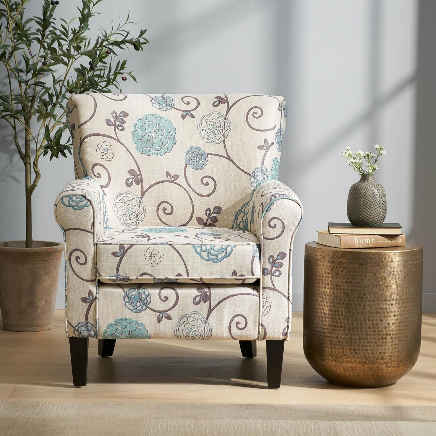 Isla Blue Floral Club Chair with Rolled Arms, Upholstered Accent Chair with Tapered Birch Wood Legs and Tonal Piping for Living Room, Bedroom, Beige+Blue