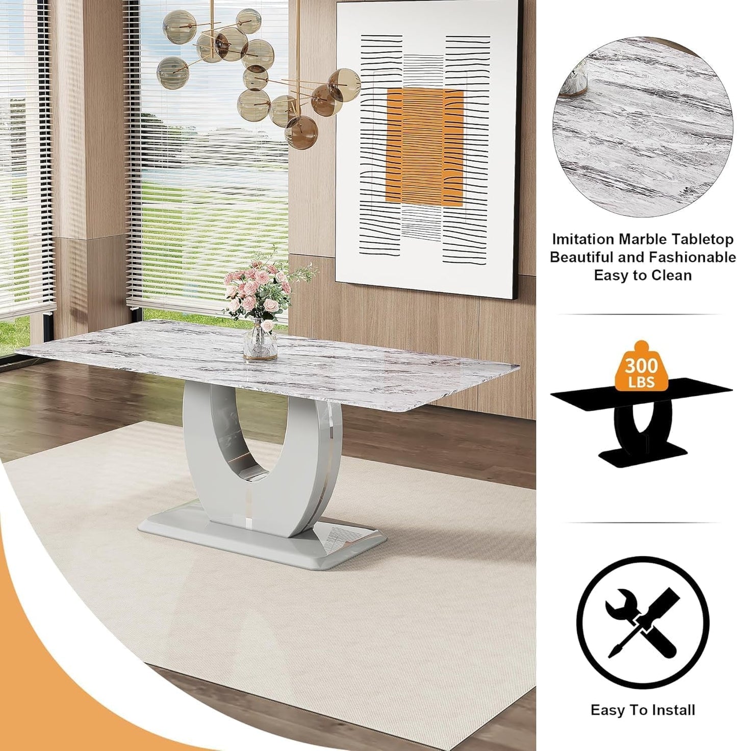 71" Faux Marble Dining Table Set for 6, Modern Grey Dining Room Table Set with Tempered Glass Top and Sturdy Base, Rectangle Kitchen Table and Upholstered Chairs Set for Home