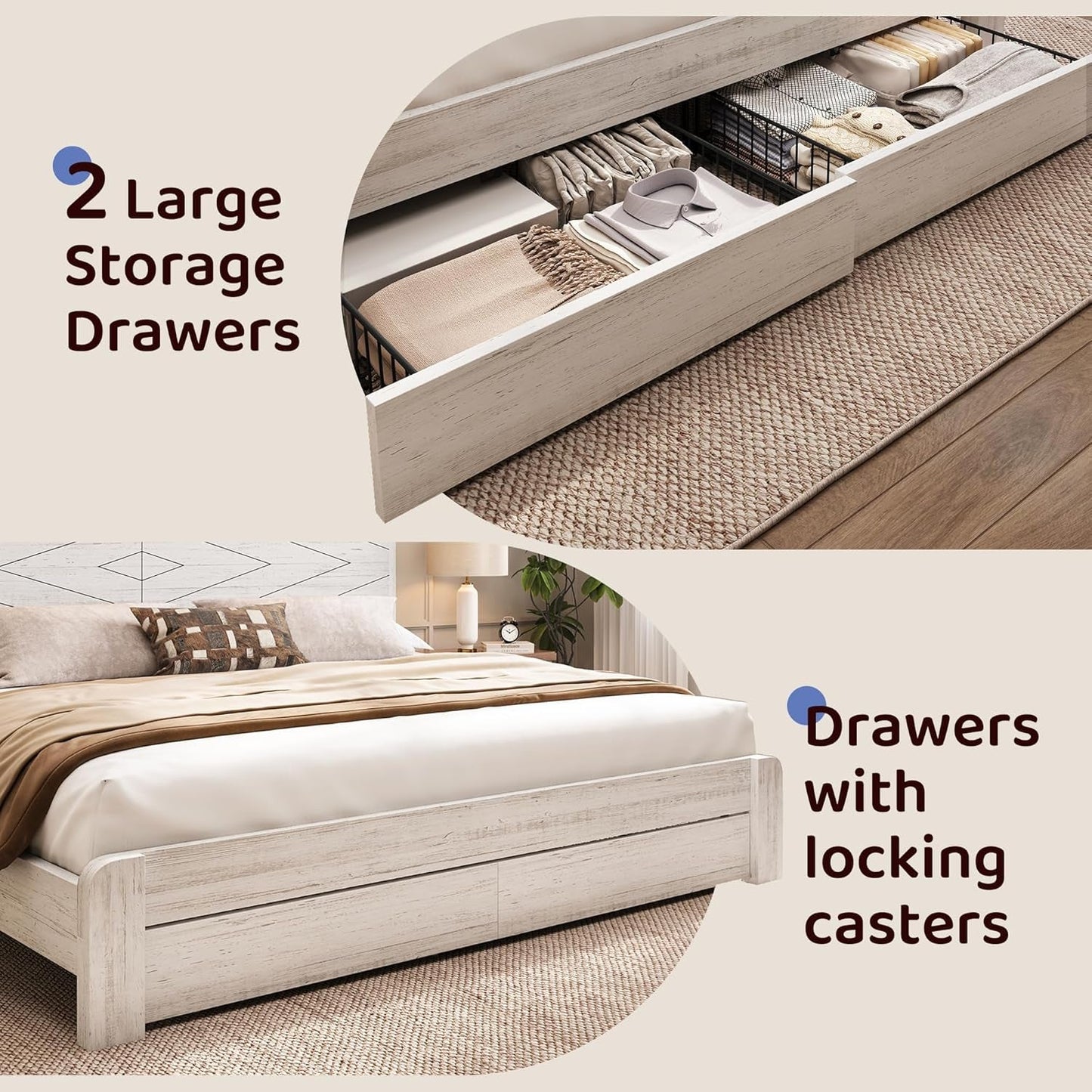 Queen Size Bed Frame with 2 Storage Drawers and Headboard Wooden Platform Bed Frame with LED Lights and Charging Station Easy Assembly/No Box Spring Needed/White