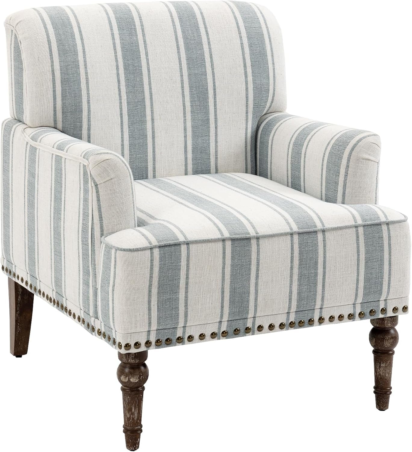Stripe Accent Chair, Living Room Arm Chairs Modern Nailhead Trim Club Armchair with Wood Legs, Comfy Upholstered Sofa Lounge Seat Reading Seat Bedroom Side Seating for Home Office, Blue