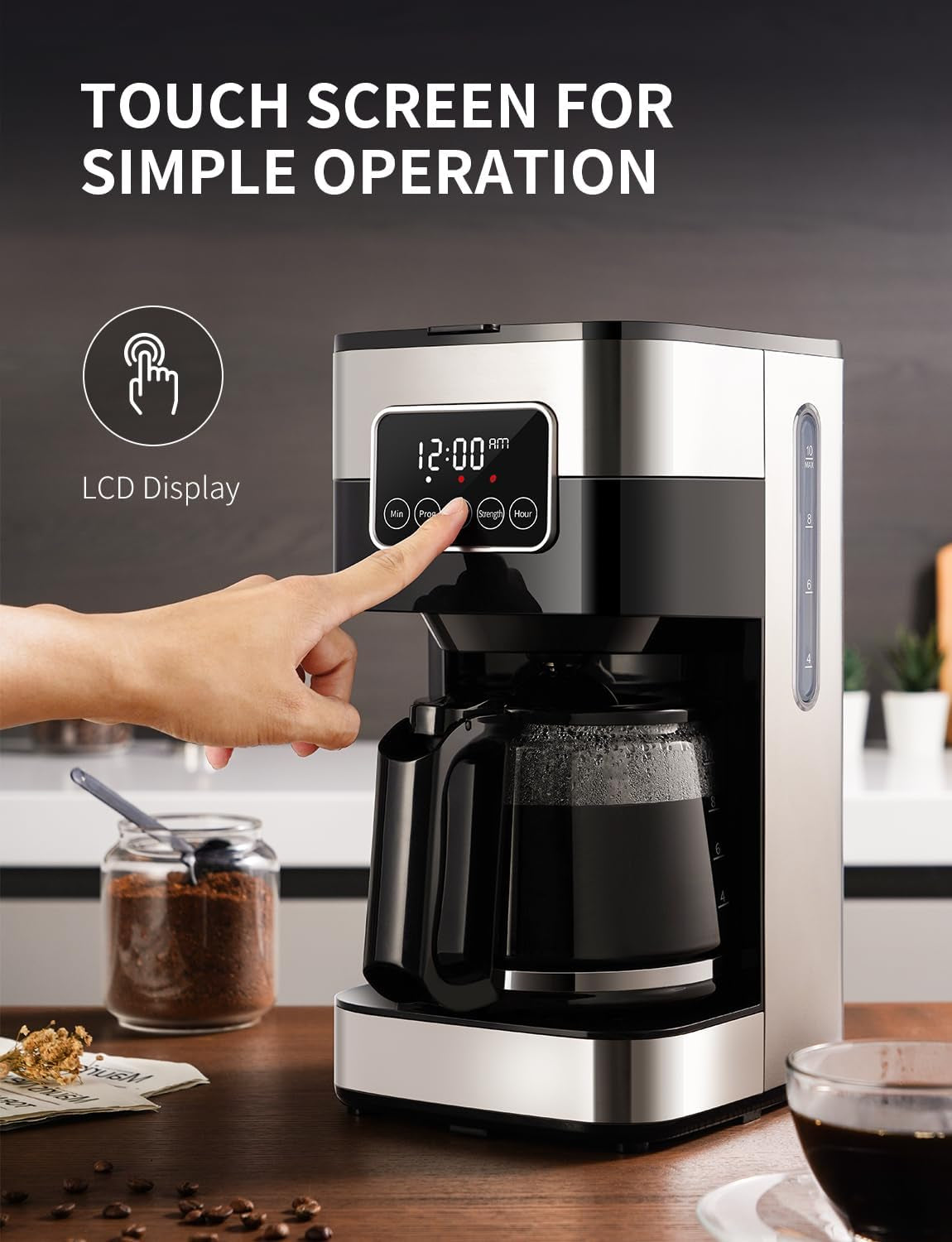 10-Cup Programmable Coffee Maker, Regular & Strong Brew Drip Coffee Machine for Home and Office, Auto Shut Off, Permanent Filter, Silver