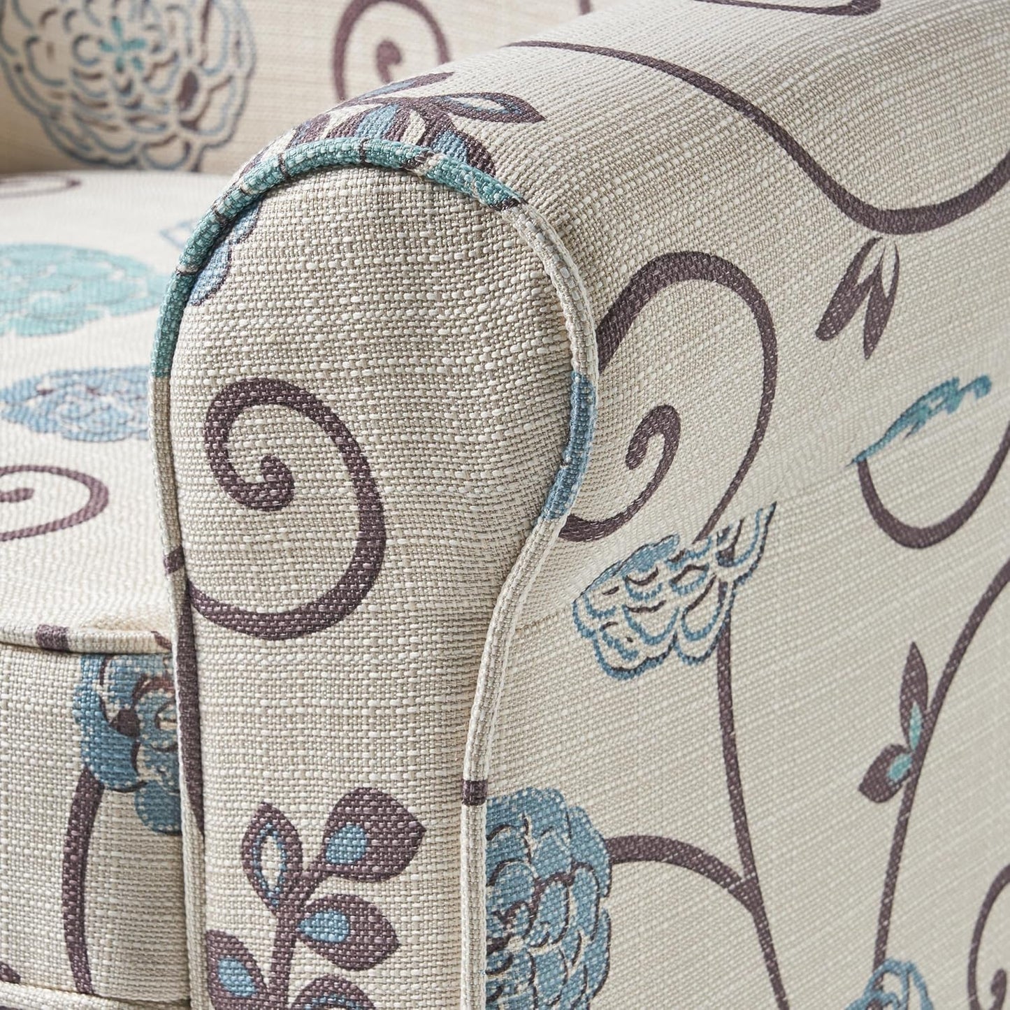 Isla Blue Floral Club Chair with Rolled Arms, Upholstered Accent Chair with Tapered Birch Wood Legs and Tonal Piping for Living Room, Bedroom, Beige+Blue