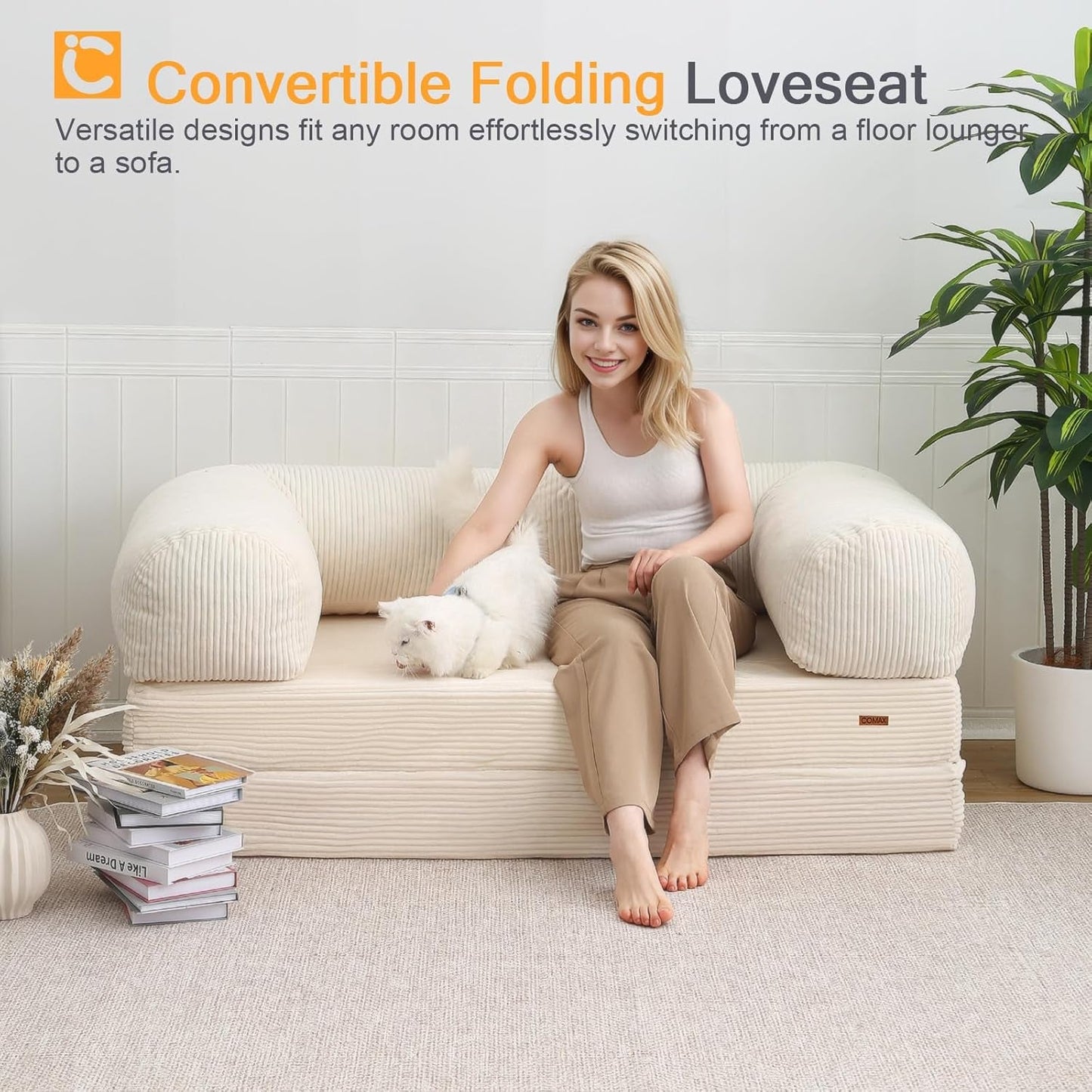 4‑In‑1 Futon Sofa Bed Queen – Floor Foldable Convertible Sofa Couch with L‑Shaped Armrests, Removable Cover, Convertible Guest Bed | Space‑Saving Fold‑Out Mattress Lounge for Living Room, Beige