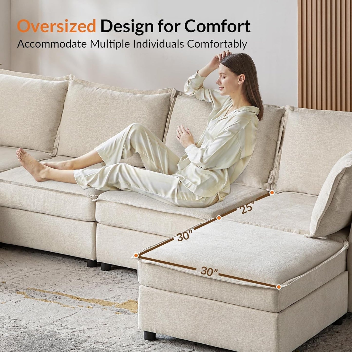 127'' Modular Sectional Sofa, Oversized U Shaped Couch with Storage Ottoman, Comfy Chenille Sofa with Deep Seat, 6 Seat Convertible Couches for Living Room, Beige