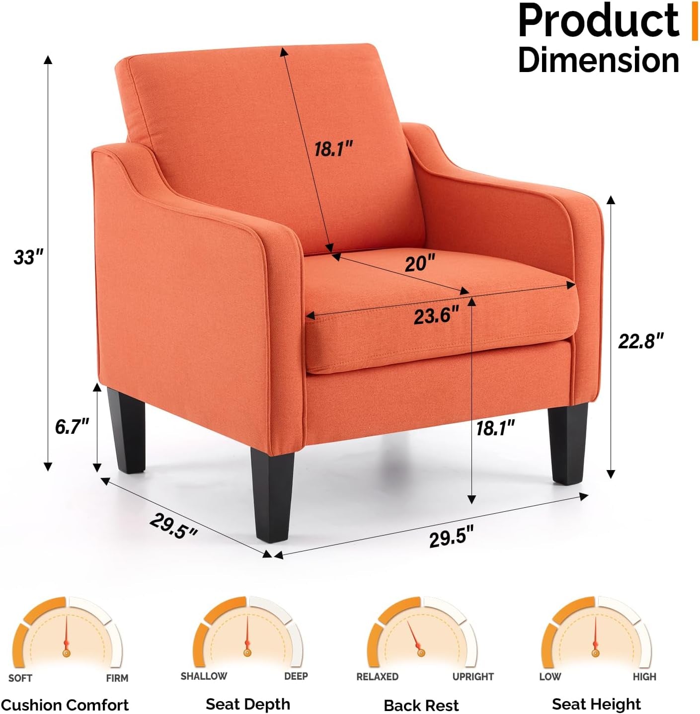 Burnt Orange Mid Century Modern Accent Chair for Living Room & Bedroom, Scooped Arm, Upholstered Comfy Chair for Apartment, Waiting Room