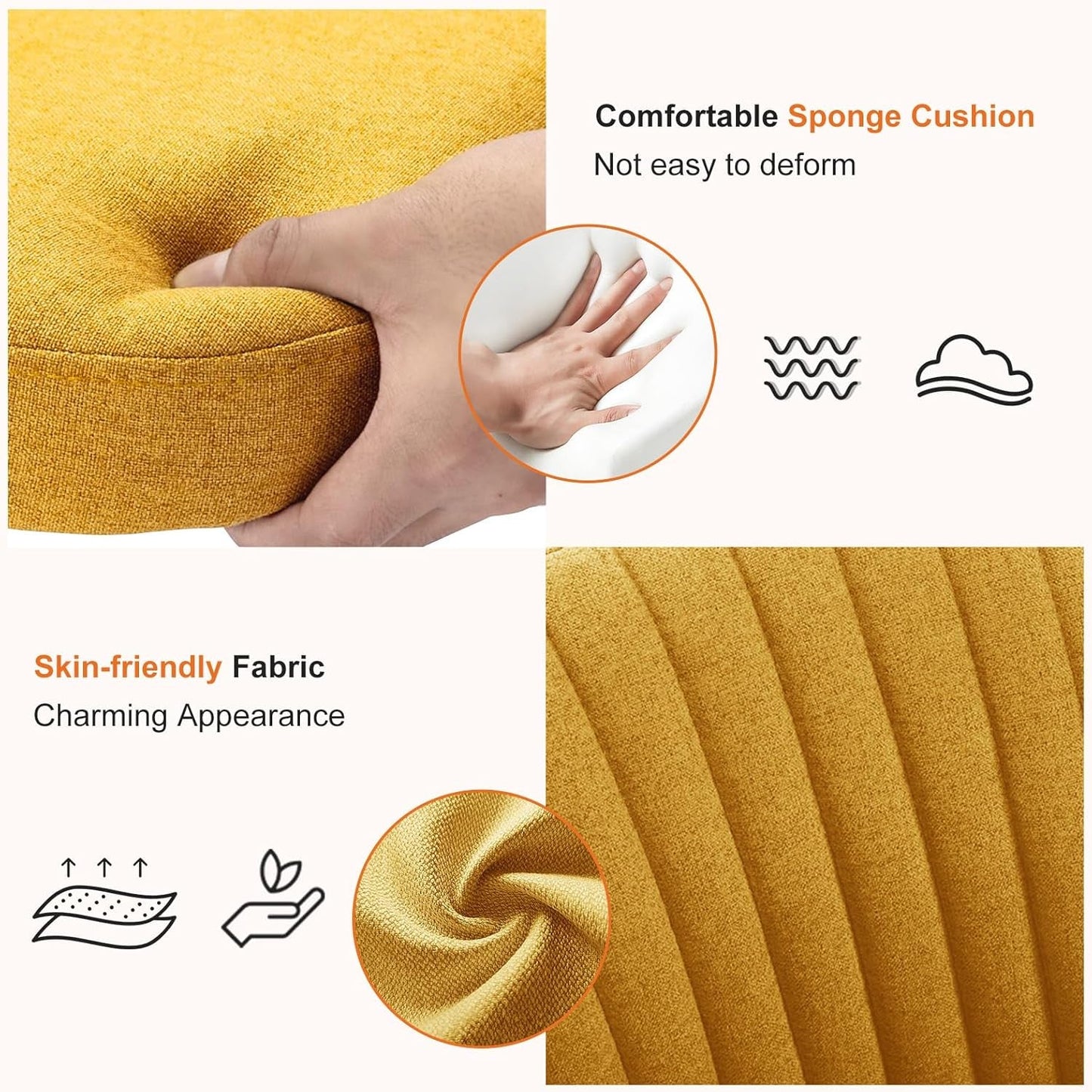 Armless Vanity Chair, Cute Comfy Home Office Desk Chair with Wheels, Modern Upholstered Task Computer Seat for Bedroom, Study, Makeup Vanity, Height Adjustable & Swivel, Yellow